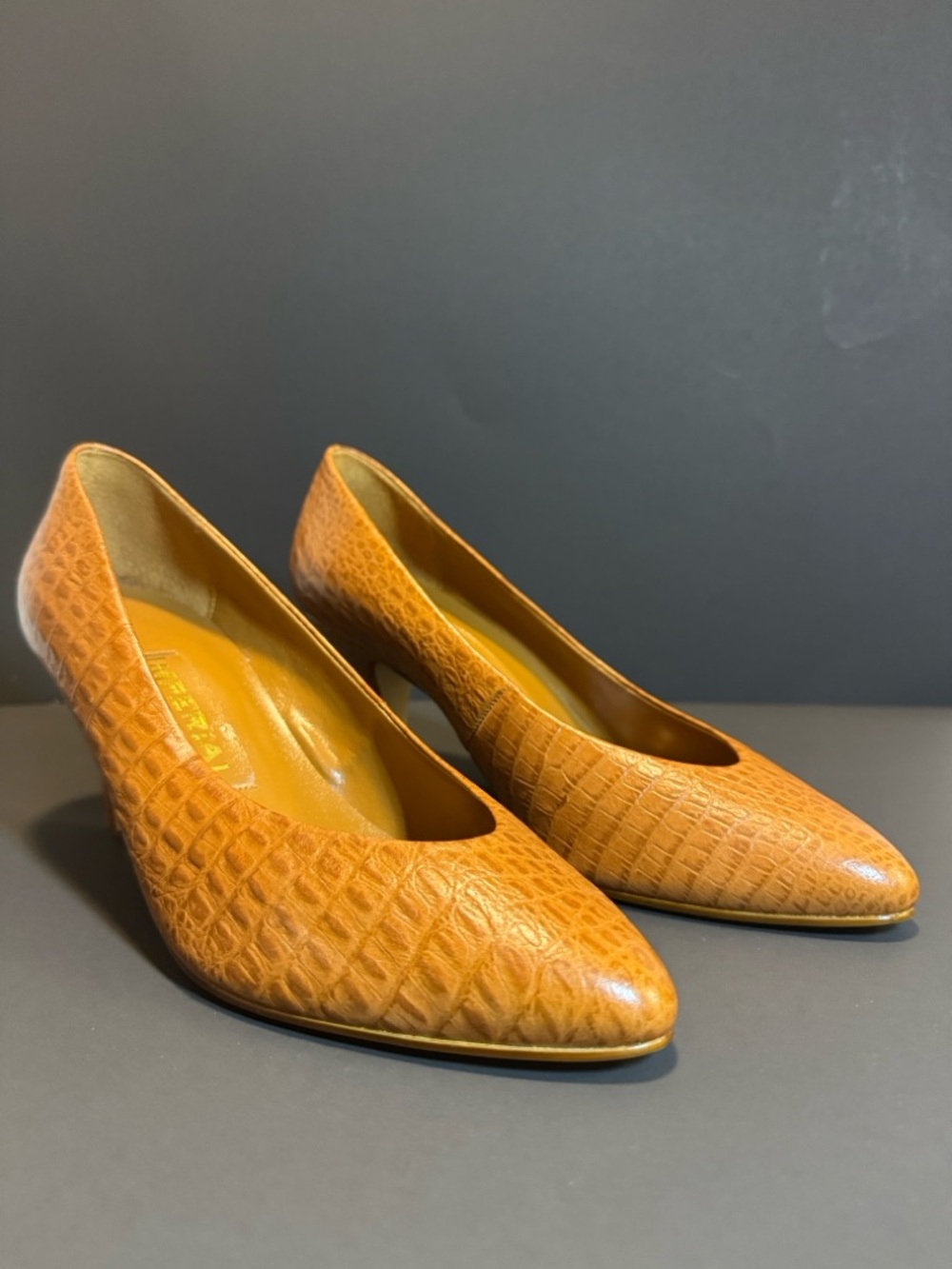 Classic Women's Tan Croc-Embossed Leather Pumps